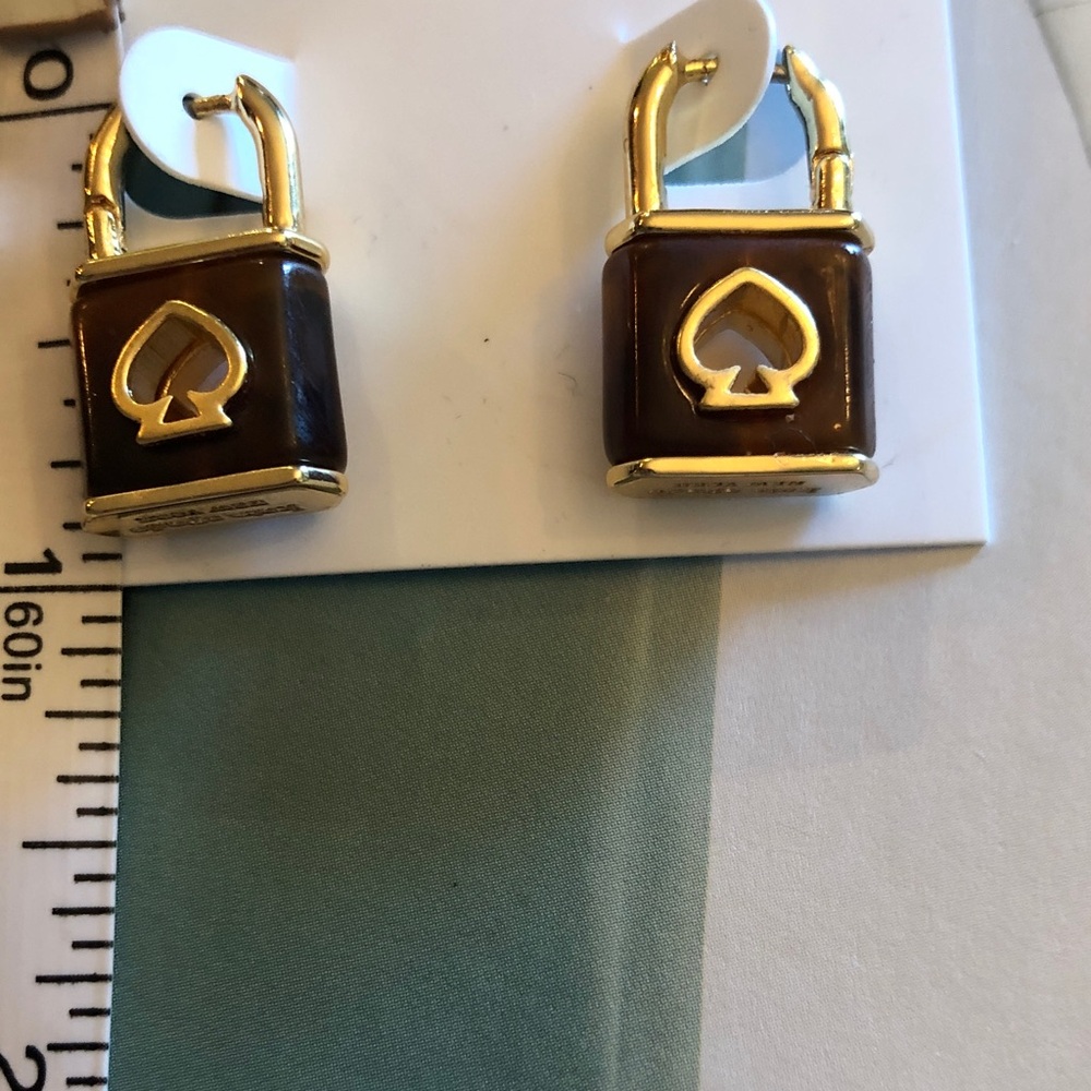 Authentic New on card. kate spade Brown and Gold Padlock Stud Earrings - Picture 7 of 7